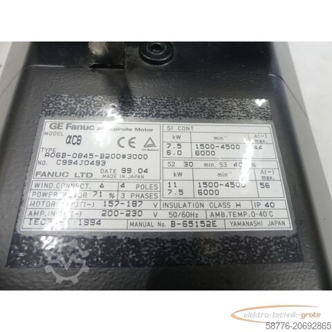 Fanuc Motor Fanuc A06B-0845-B200 AC Spindelmotor SN: C994J0493