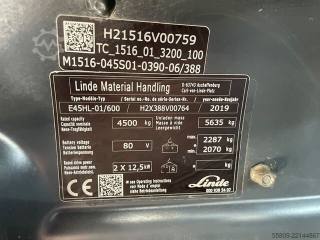 Electric 4-wheel forklift Linde E 45-600 // 2555 Std. // 3. & 4. Ventil // Seitens