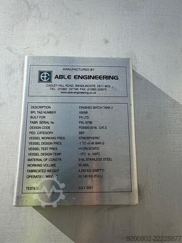 30000L Stainless Steel Storage Tank ATEX Able Engineering Storage Tank 
