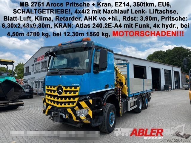 Flatbed truck MERCEDES-BENZ 2751 Arocs Pritsche + Kran Retarder