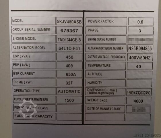 Aggregat Volvo TAD1344GE - 450 kVA Generator - DPX-18880