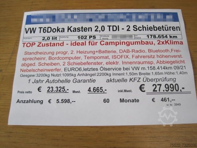 Kastenwagen VW T6 Doka Kasten 2,0 TDI - ideal für Camping Umbau - TOP Zustand - 2x Klima, Standheizung, Navi, Tempomat