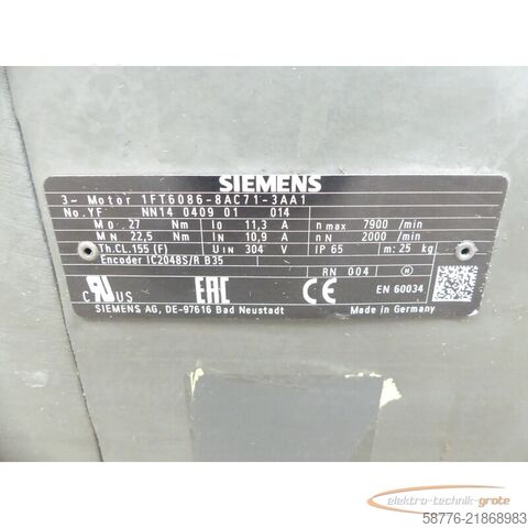 Control unit Siemens 1FT6086-8AC71-3AA1 Synchronservomotor SN: YFNN14040901014