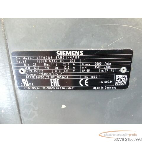Control unit Siemens 1FT6086-8AH71-4AH1 Synchronservomotor SN: YFF8620631201001