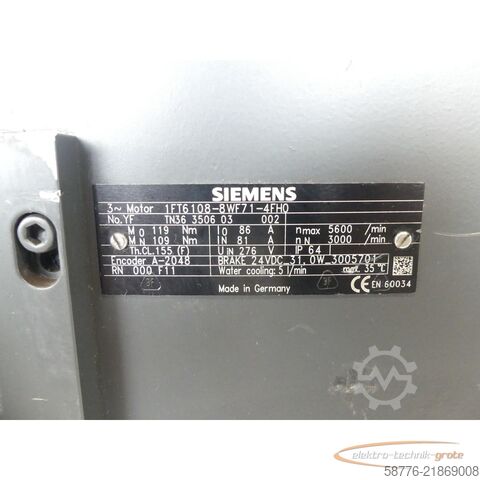 Control unit Siemens 1FT6108-8WF71-4FH0 SN: YFTN36350603002 - wassergekühlt