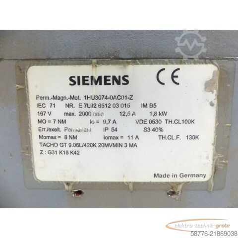 Control unit Siemens 1HU3074-0AC01-Z Gleichstrom-Servomotor SN: E7L92651203015