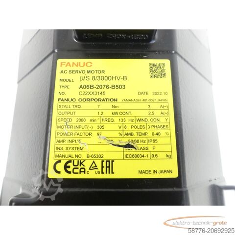 Fanuc Motor Fanuc A06B-2076-B503 AC Servomotor SN: C22CC3145 + Encoder A860-2070-T321