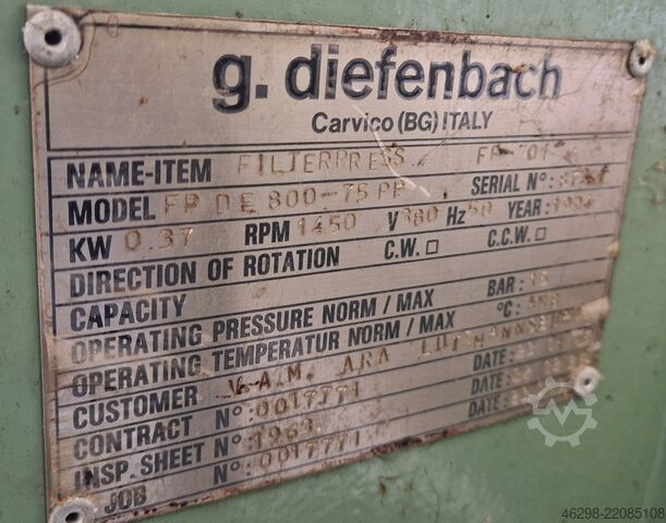 Used chamber filter press Diefenbach FP DE 800
