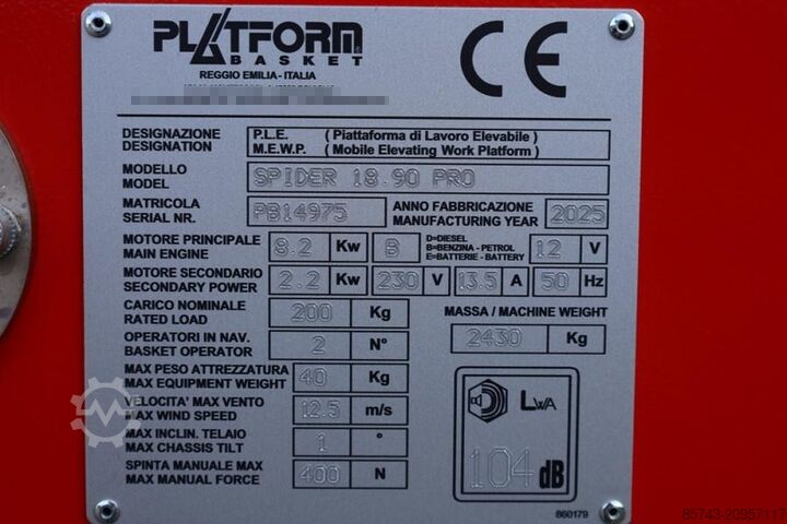 Articulated boom lift Platform Basket Spider 18.90 PRO CE Declaration, Valid inspection,