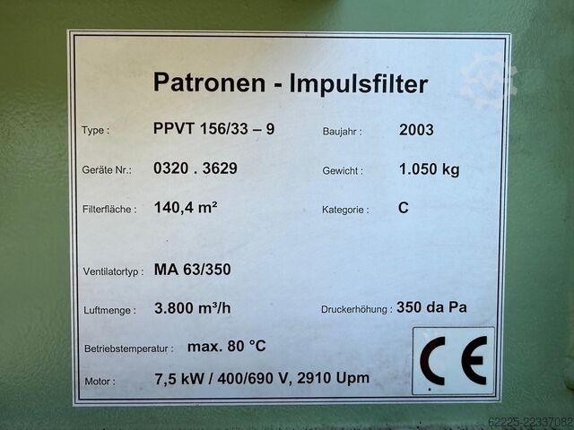 Absaugung für Schweißrauch Patronenfilter-Impulsfilter PPVT 156/33-9
