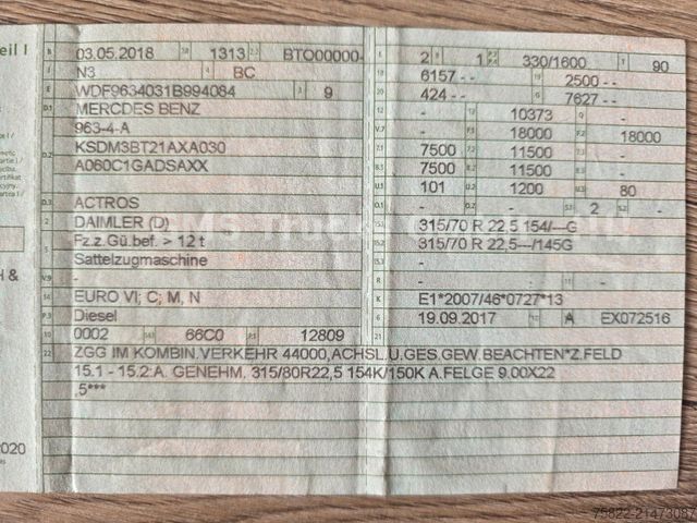 Standard tractor unit MERCEDES-BENZ Actros 1845 / Retarder / Park Cool / Vollspoiler