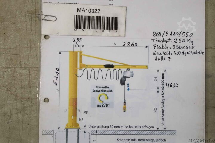 Säulenschwenkkran Ausleger 2,86 m/250 kg DEMAG LS Gesamthöhe 5110 mm