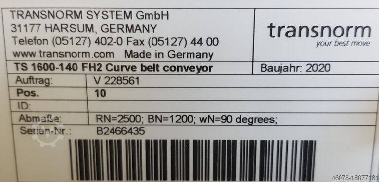 Curved belt conveyor left bend Transnorm TS1600-140 FH2 90°-1400-1200 IR2500