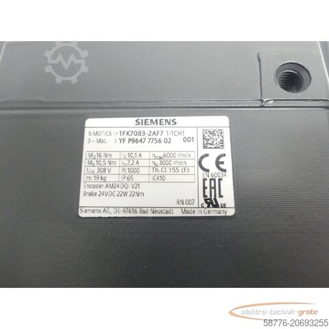 Control unit Siemens 1FK7083-2AF71-1CH1 Synchronmotor SN: YFP9647775602001 ohne Drehgeber