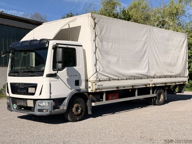Flatbed truck with tarp MAN TGL 12.250 LBW,TÜV,Schalt,Luftfederung K