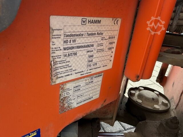 Hamm HD 8 VV compactor / road roller / tandem roller, 2019, Kubota diesel engine. HAMM HD 8 VV Trilwals / Road Roller / Tandemwalze 2019