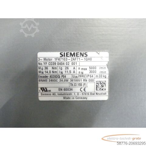 Control unit Siemens 1FK7103-2AF71-1QH0 Motor SN: YFCD39040402001