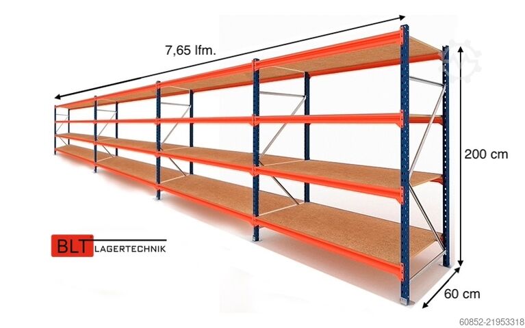 Weitspannregal ca. 7,66 lfm. Weitspannregale H: 200 cm T: 60 cm , 400 kg Fachlast , 4 Ebenen