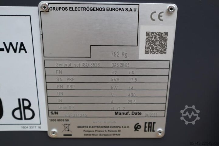 Generator set Atlas Copco QAS 20 S5 Valid Inspection, Diesel, 17 kVA, Also A