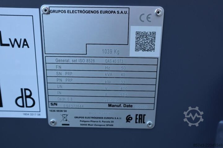 Generator set Atlas Copco QAS 40 ST3 Valid inspection, Diesel, 40 kVA