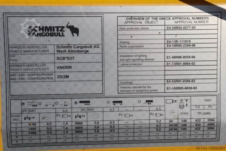 Curtain sided Schmitz CARG SCB3ST CoC Documents, TuV Loading Certificate