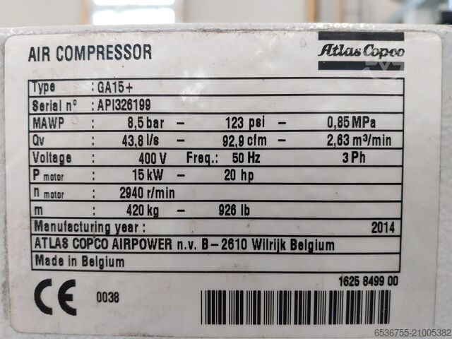 Schraubenkompressor Atlas Copco GA15+