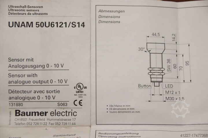Ultraschallsensor Baumer UNAM 50U6121/S14