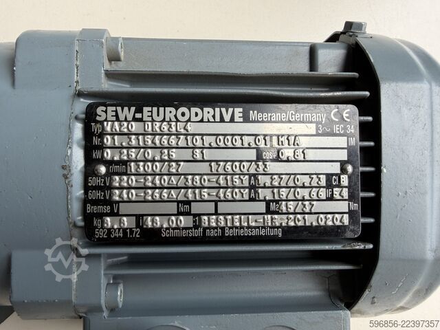 SEW-EURODRIVE WA20 DR63L4 gear motor 0.25 kW 27 rpm 45 Nm i=48 3-phase SEW-EURODRIVE WA20 DR63L4 Getriebemotor 0,25 kW 27 U/min 45 Nm i=48 3-Phasen SEW-EURODRIVE WA20 DR63L4 Getriebemotor 0,25 kW 27 U/min 45 Nm i=48 3-Phasen