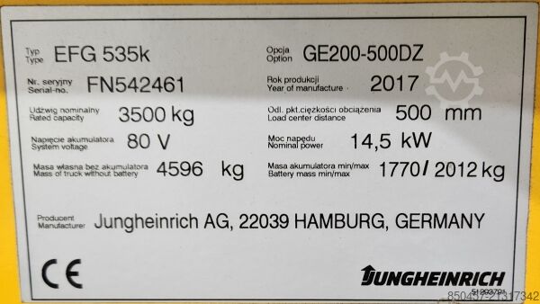 Electric - 4 wheels Jungheinrich EFG 535k 3.5t/ 5m/ 2424mh/ 4v