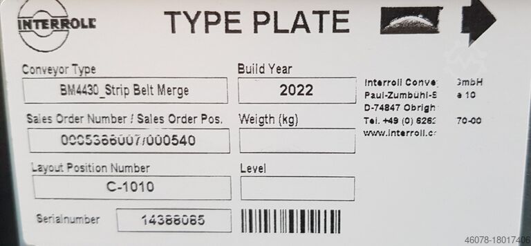 Angled-belt conveyor Inclined inlet, infeed Interroll 30°-1525-950-840