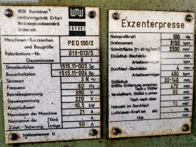 Exzenterpresse - Doppelständer WMW-ERFURT PED 100/2