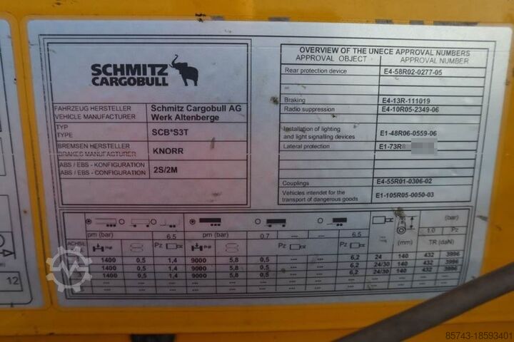 Curtain sided Schmitz CARG SCB3ST CoC Documents, TuV Loading Certificate