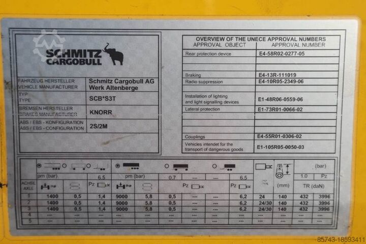 Curtain sided Schmitz Cargobull SCB3ST Vol CoC Documents, TuV Loading Ce