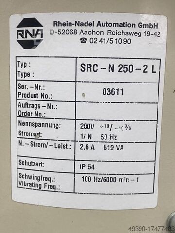 Vibrationswendelförderer mit Linearförderer und Steuergerät, Rütteltopf, Sortiergerät / Schraubenzuf RNA Rhein-Nadel Automation SRC-N 250-2L + SLL 400-400 + ESK-N80 / ESG 90