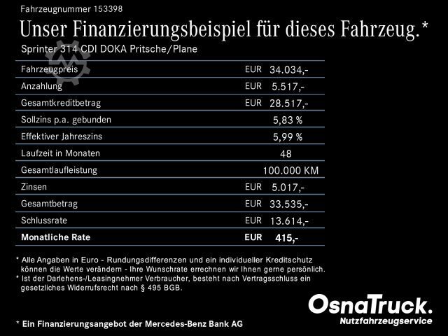 Pick-up van MERCEDES-BENZ Sprinter 314 CDI DOKA Pritsche/Plane Klima,Tempo