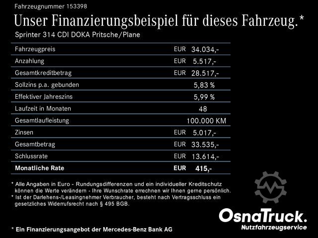 Pick-up van MERCEDES-BENZ Sprinter 314 CDI DOKA Pritsche/Plane Klima,Tempo