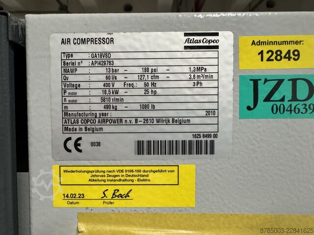 Schraubenkompressor 18,5 kW / 13 bar VSD Atlas Copco GA18VSD