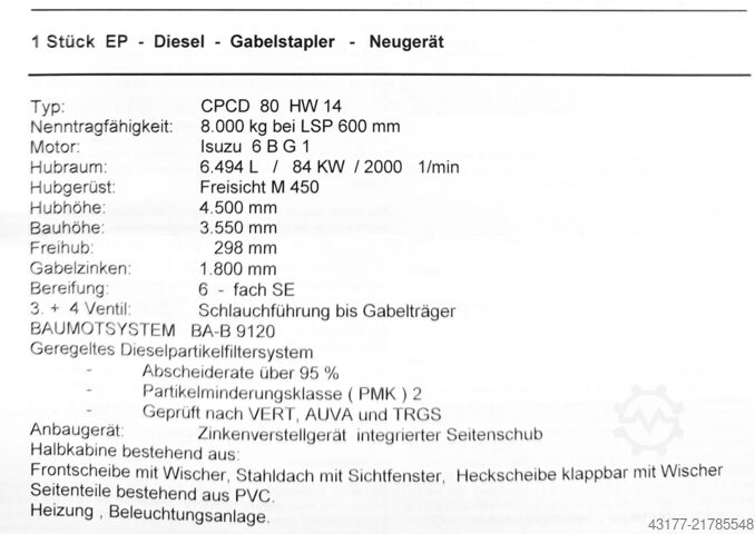 Forklift, industrial truck, rough terrain forklift HC Hangcha EP Equipment 8000 kg - CPCD 80 HW 14