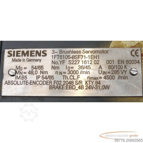 Control unit Siemens 1FT6105-8SF71-1EH1 Servomotor SN YFS227161202001 ohne Lüfter