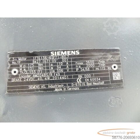 Control unit Siemens 1FT6136-6SF71-8EL7 Motor SN YF B427167105001 + Gebläse generalüberholt mit 12 Monaten Gewährleistung