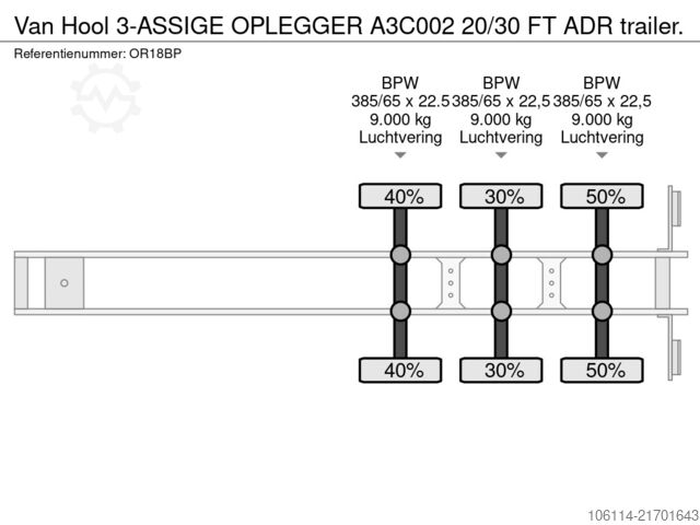 Container transportation Van Hool 3-ASSIGE OPLEGGER A3C002  20/30 FT ADR trailer.