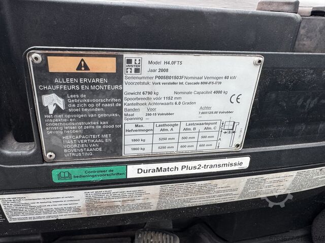 Hyster H4.0FT5 Triplex mast 5.15m Freelift / Sideshift / Fork positioner Diesel 2008 HYSTER H4.0FT5 Triplo 515 Freelift / Sideshift / Vorkversteller Diesel 2008