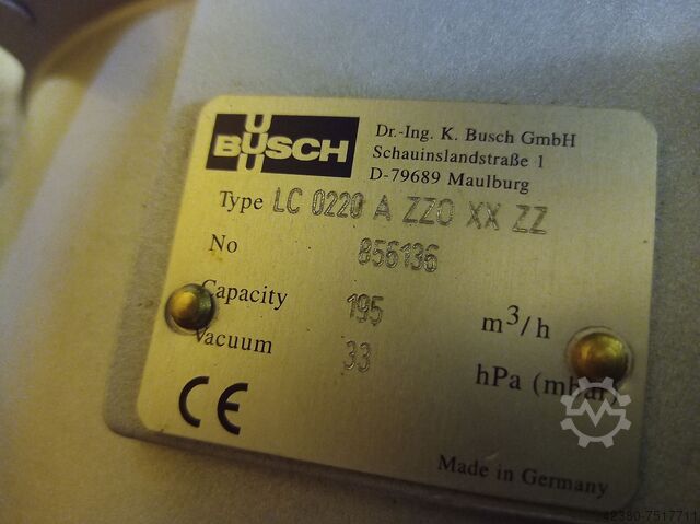 Liquid ring vacuum pump Alloy 59 BUSCH 7,5 kW ; 195m³/h ; 33mbar Dolphin LC 0220 A ZZO XX ZZ