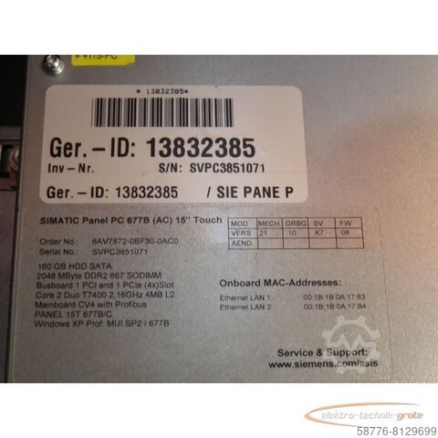 Component Siemens 6AV7872-0BF30-0AC0 Simatik Panel PC 677B gebraucht SN: VPC3851071 - Top Zustand -