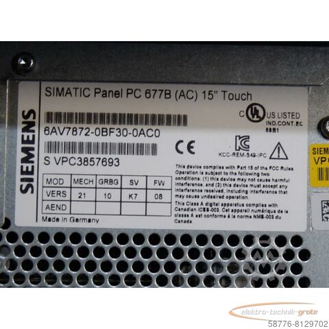 Component Siemens 6AV7872-0BF30-0AC0 Simatik Panel PC 677B SN: VPC3857693 gebraucht - TOP Zustand
