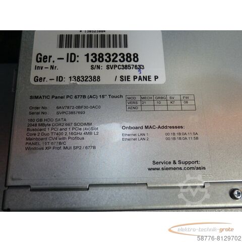 Component Siemens 6AV7872-0BF30-0AC0 Simatik Panel PC 677B SN: VPC3857693 gebraucht - TOP Zustand