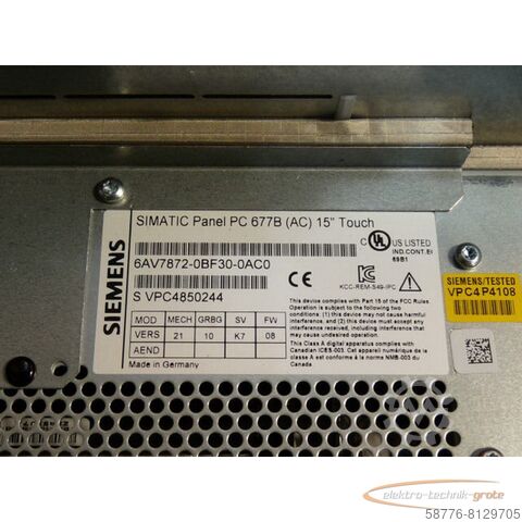 Component Siemens 6AV7872-0BF30-0AC0 Simatik Panel PC 677B SN: VPC4850244 gebraucht - Top Zustand -
