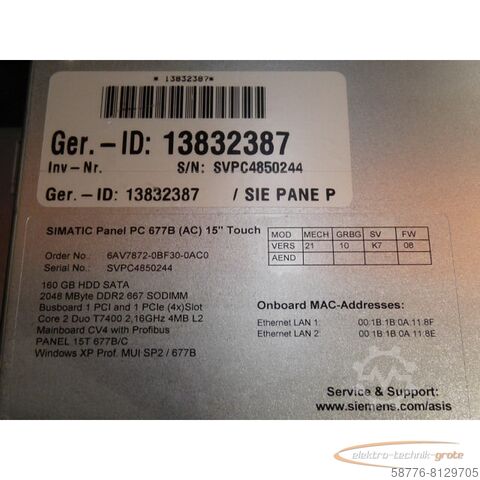 Component Siemens 6AV7872-0BF30-0AC0 Simatik Panel PC 677B SN: VPC4850244 gebraucht - Top Zustand -