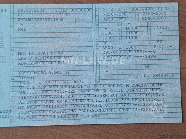 Kipper LKW MAN 18.280 4x4 ALLRAD ABROLLKIPPER ATLAS HAKEN TÜV