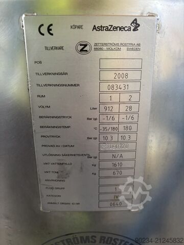 912 Litre, 6 Bar Internal, 6 Bar/FV Jacket, 316L Stainless Steel Reactor ZETTERSTROM 912 Litre